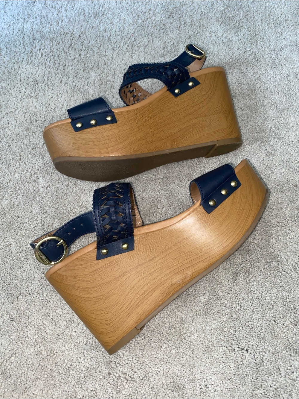 Tommy Hilfiger Platform Wedges Sandals Womens 7.5M Blue Gold Logo Strappy Boho